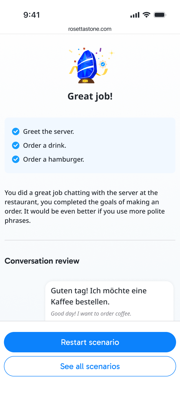 Chat Mission review screen summarizing completed goals and conversation feedback